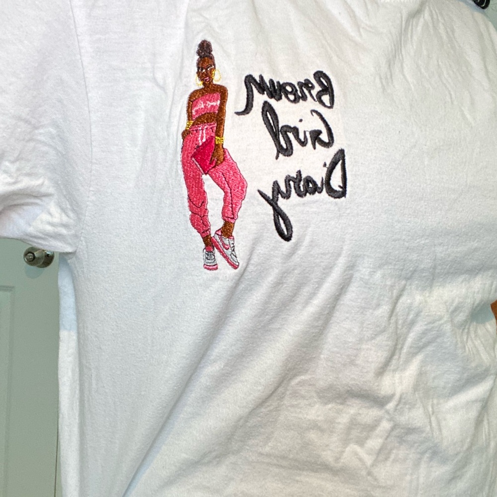White T-Shirt with Pink Embroidery